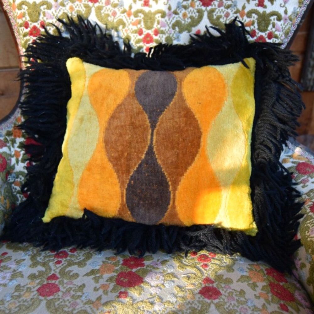 Vintage 60s-70s Geometric Throw Pillow Orange Yellow Brown Black Fringe 12x11.5